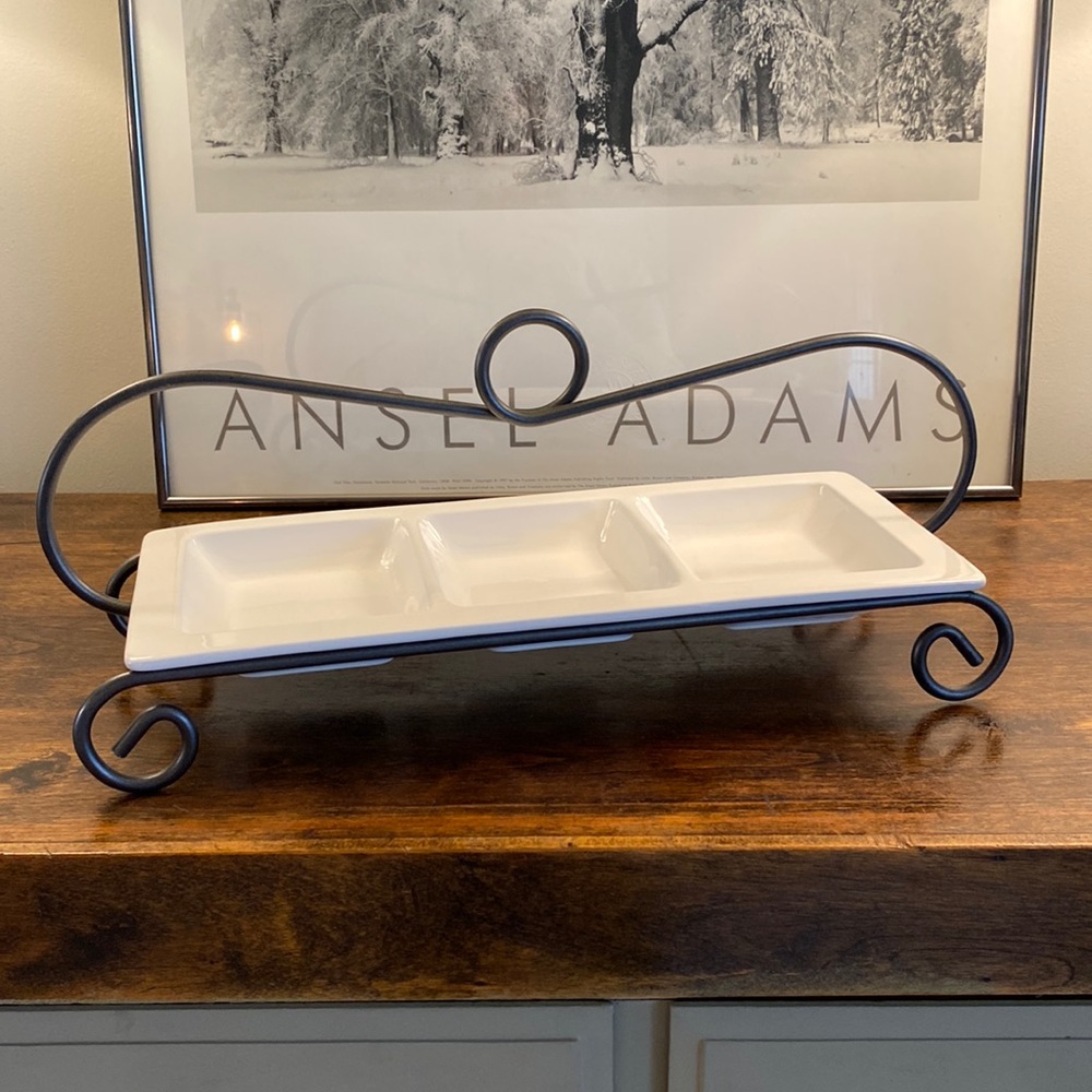 Indoor outfitter, over and back, three tray server, white ceramic & stainless!